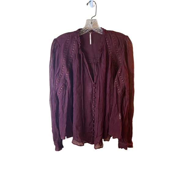 Free People Burgundy Long Sleeve Lace Trim Button Front Sheer Boho Blouse Small - Picture 1 of 11